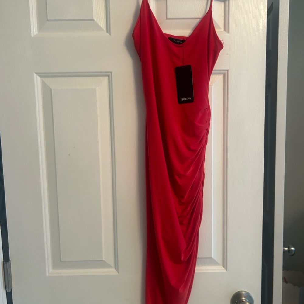Red Sleeveless Ruched Slip Dress -